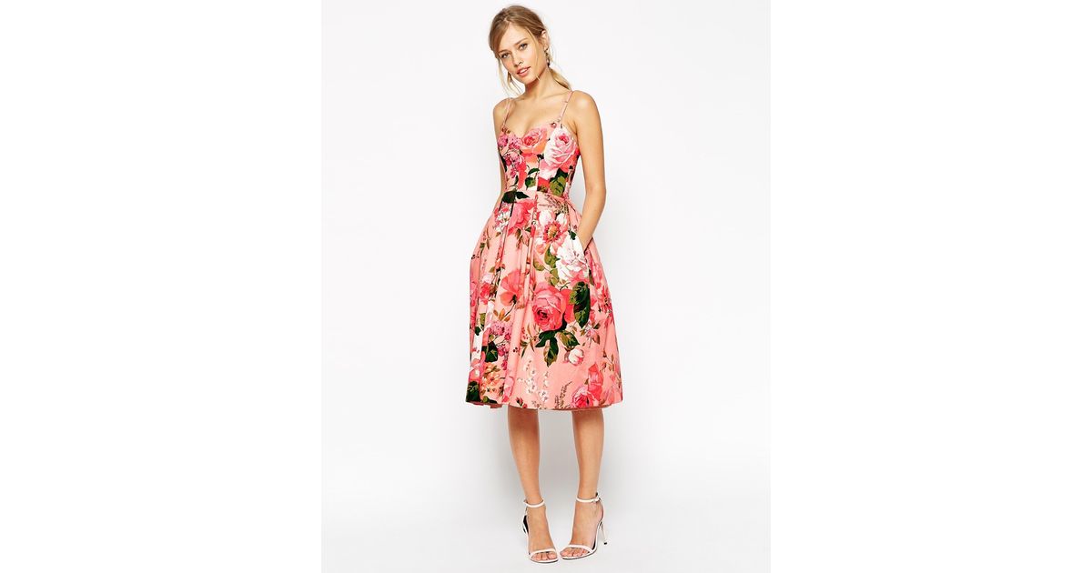 ASOS Salon Rose Print Bandeau Midi Prom Dress in Pink | Lyst