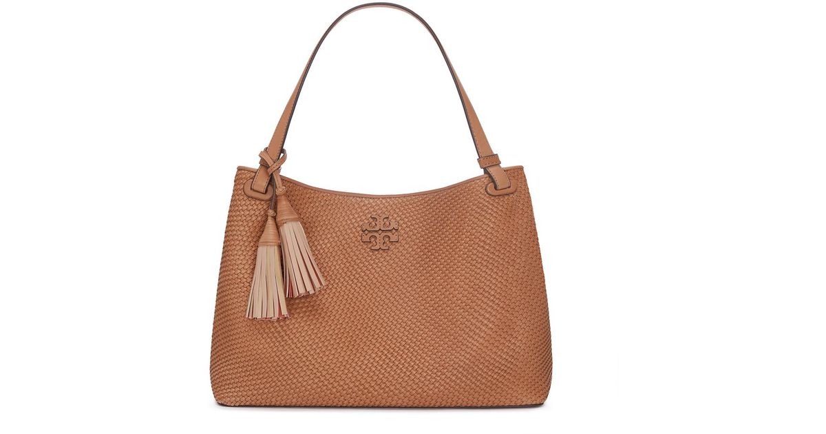 Tory Burch Thea Woven-leather Center-zip Tote in Brown | Lyst