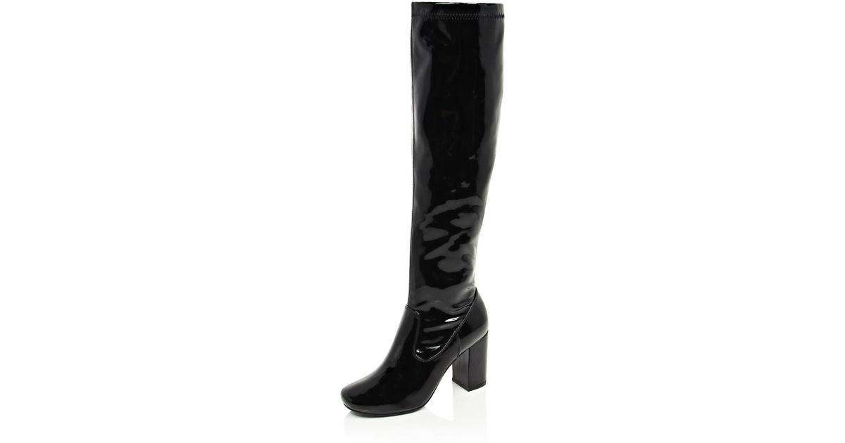 River island Black Patent Knee High Heeled Boots in Black | Lyst