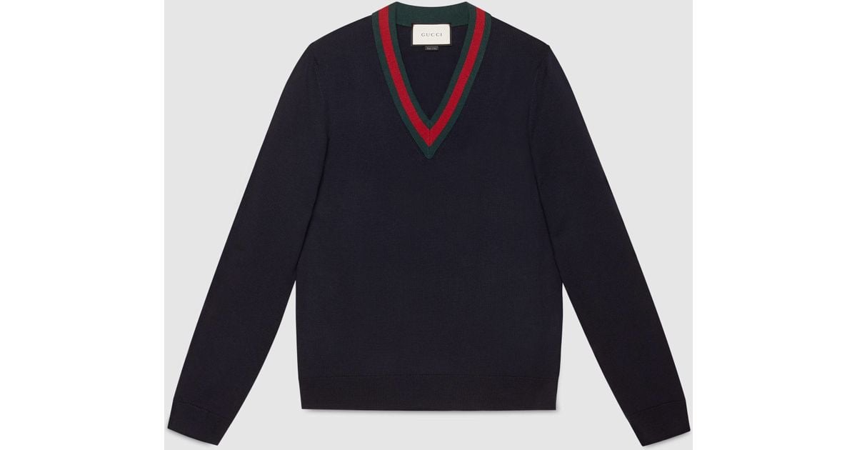 Gucci Wool V-neck Sweater With Web in Black for Men (ink blue wool) | Lyst