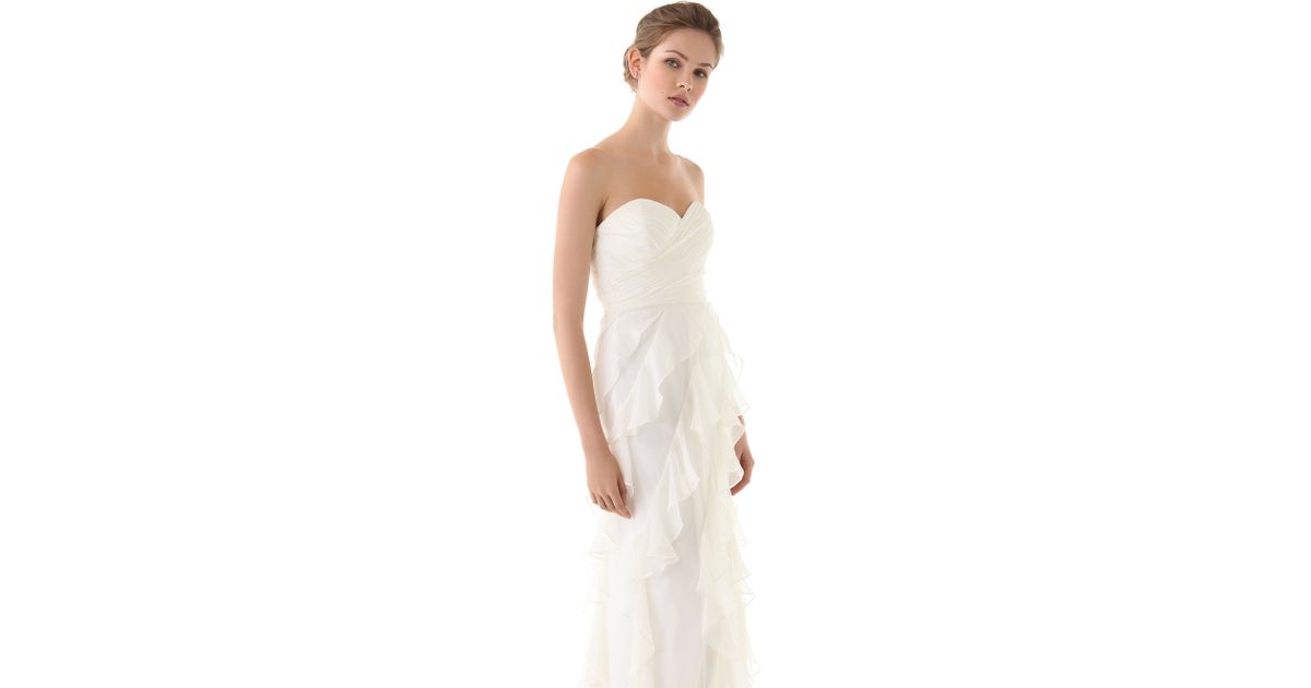 badgley mischka strapless contrast ruffle gown