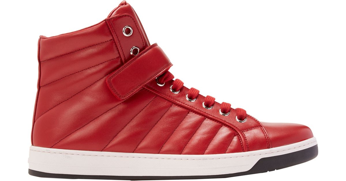 Prada Quilted Leather High Top Sneakers In Red For Men Lyst