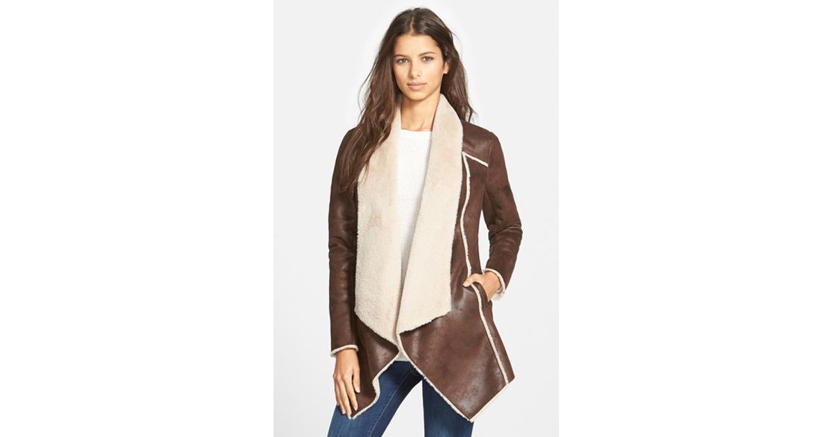 Bcbgeneration Faux Shearling Drape Front Coat In Brown Lyst