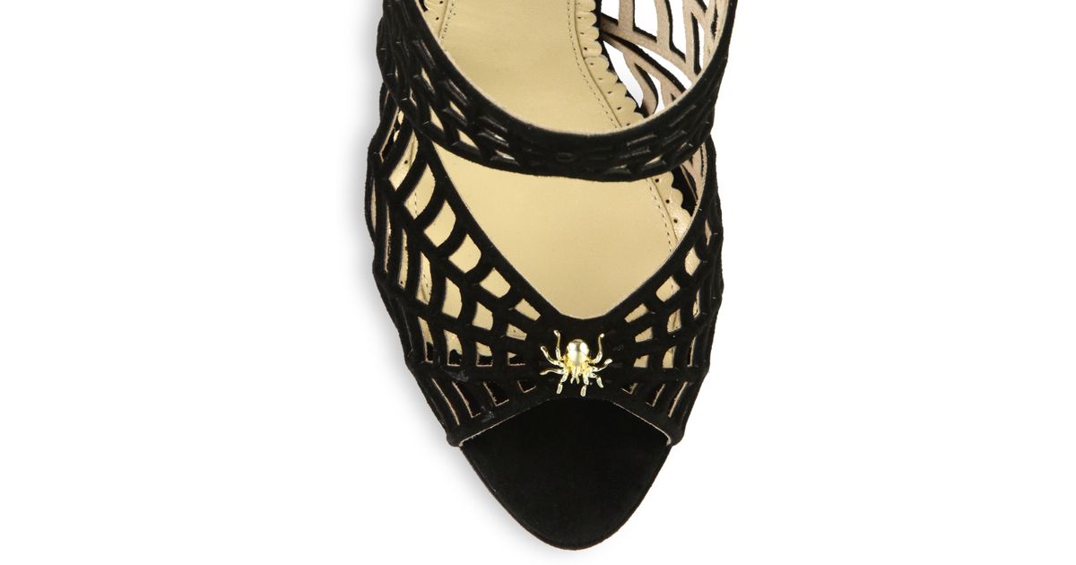 Charlotte Olympia Suede Spider Web Sandals in Black | Lyst