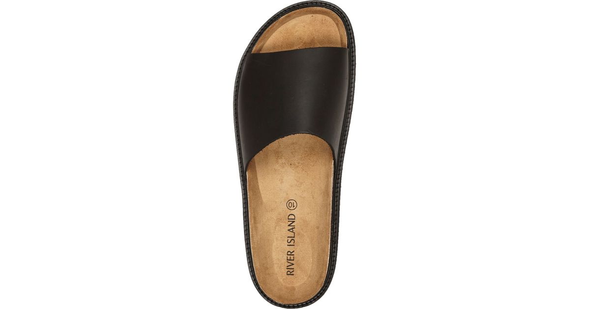 River Island Black Leather Chunky Slide Sandals for Men | Lyst