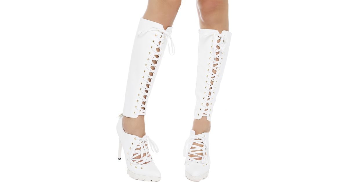 white knee high lace up boots