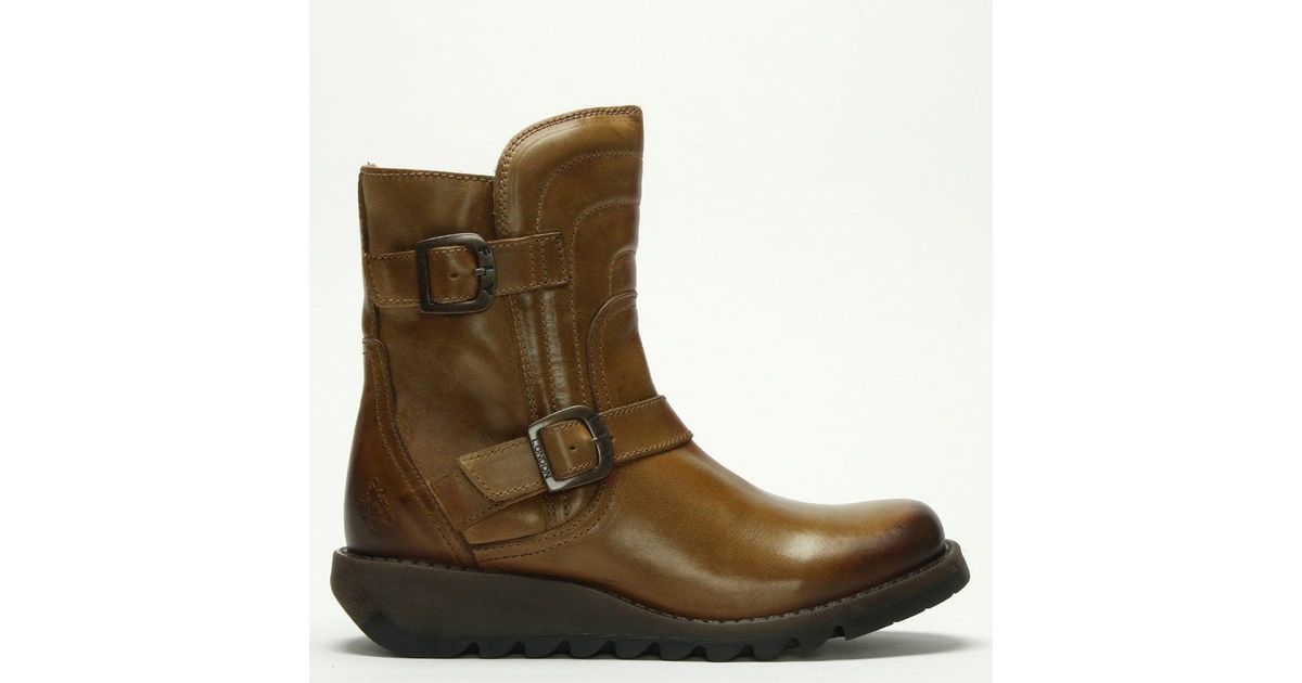 Fly London Sven Camel Leather Low Wedge 