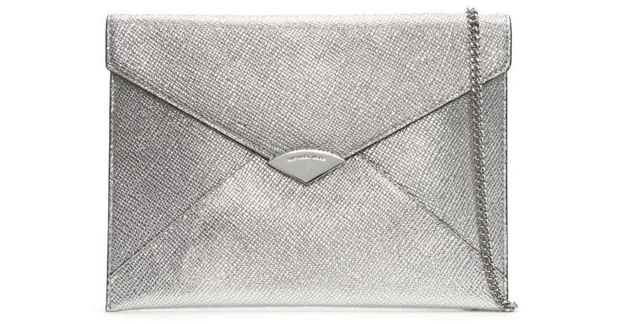 Michael Kors Barbara Large Silver Leather Envelope Clutch Bag in ...