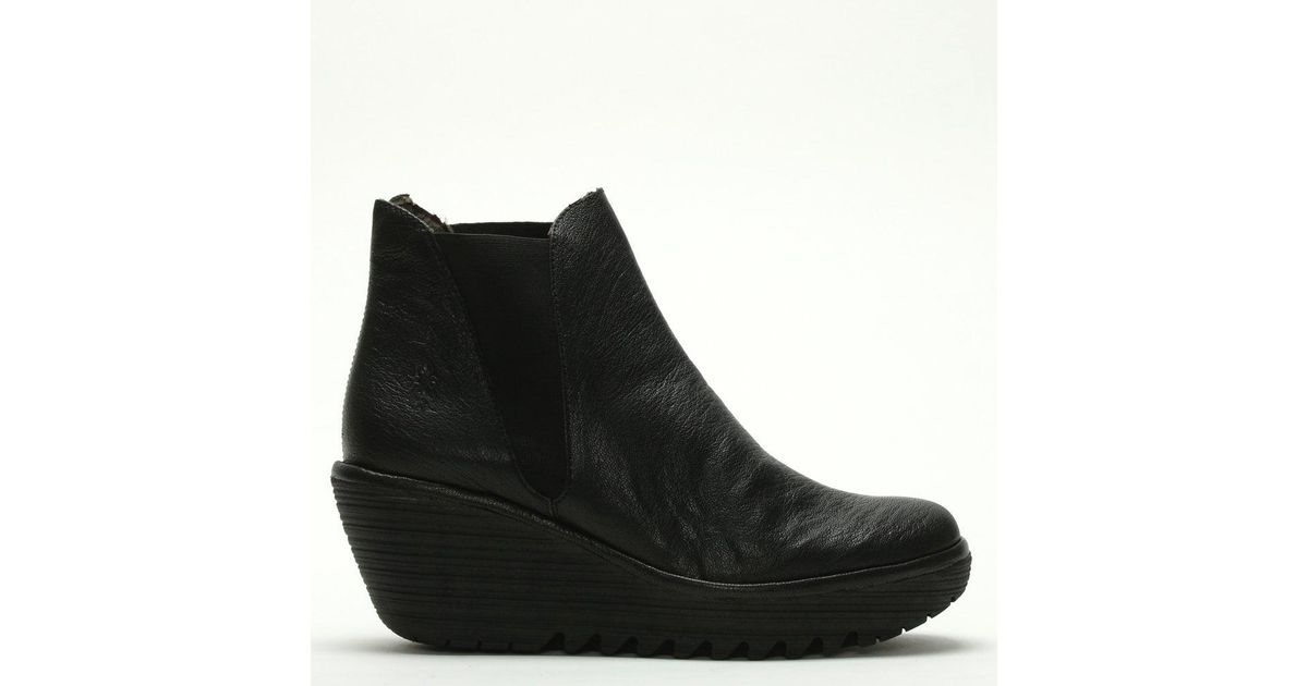 Fly London Woss Black Leather Wedge 
