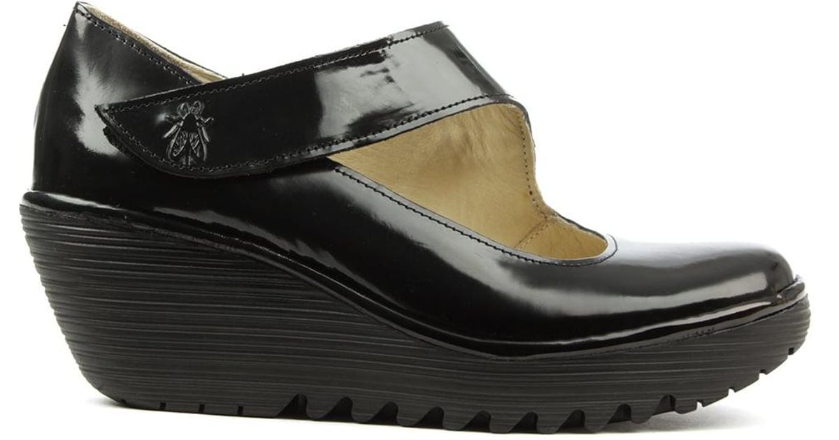 Fly London Yasi Black Patent Leather Mary Jane Wedge Shoe | Lyst