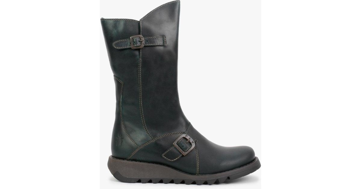Fly London Mes Ii Petrol Leather Low Wedge Calf Boots in Green Leather Womens Shoes Boots Wedge boots Black 