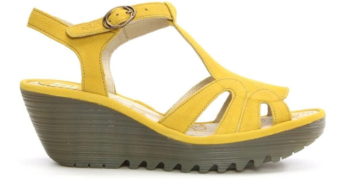 Fly London Yini Lemon Leather T Bar Wedge Sandal in Yellow Leather (Yellow) | Lyst