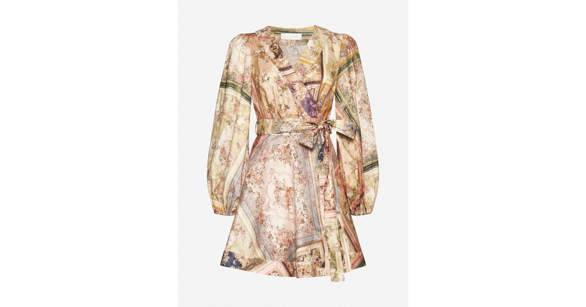 Zimmermann August Print Linen Wrap Mini Dress in Natural | Lyst
