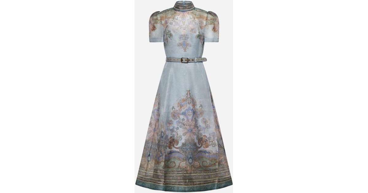 Zimmermann Eden Silk And Linen Belted Midi Dress in Gray | Lyst