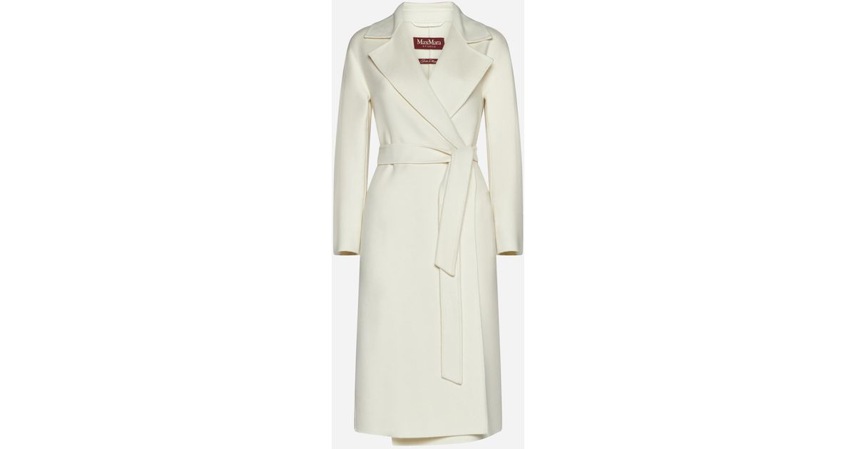 Max Mara Studio Cles Wool-blend Belted Coat in White | Lyst