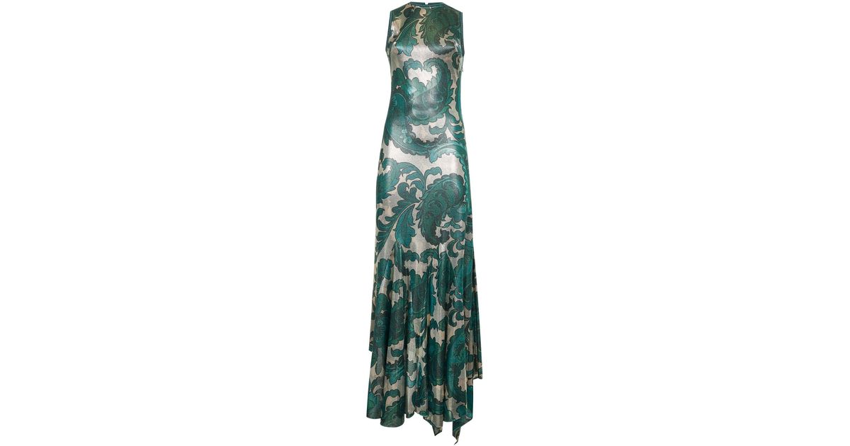 Etro Paisley-Print Laminated Jersey Long Dress in Green | Lyst