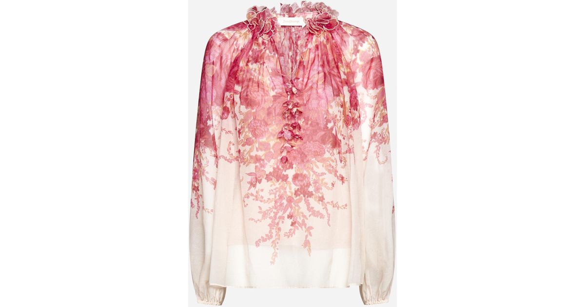 Zimmermann High Tide Billow Print Cotton And Silk Blouse in Pink
