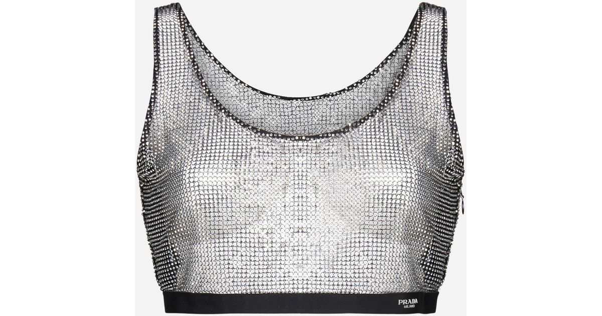 Prada Crystal-embellished Mesh Crop Top in Gray | Lyst