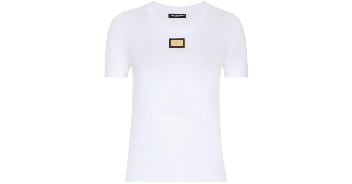 Dolce Gabbana T Shirt With Logoed Metal Plaque in White Lyst