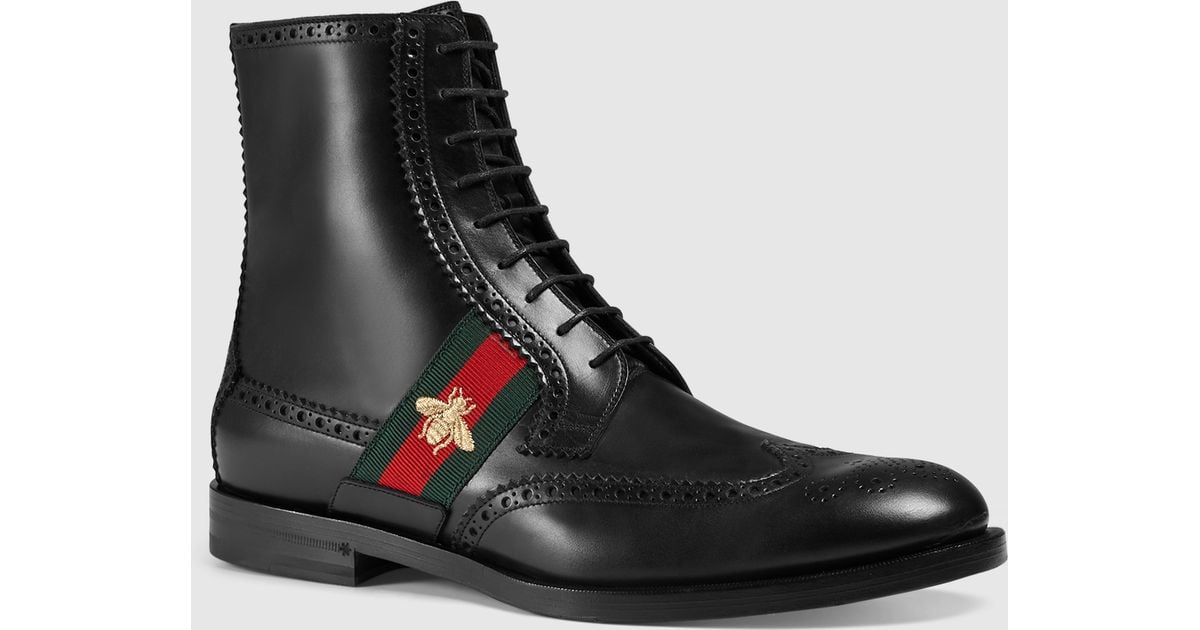 Gucci Leather Boot With Bee Web in Black for Men | Lyst