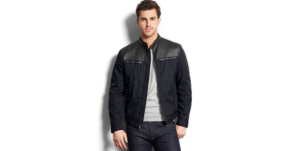 Michael Kors Blue Arabi Faux Leather Nylon Moto Jacket For Men