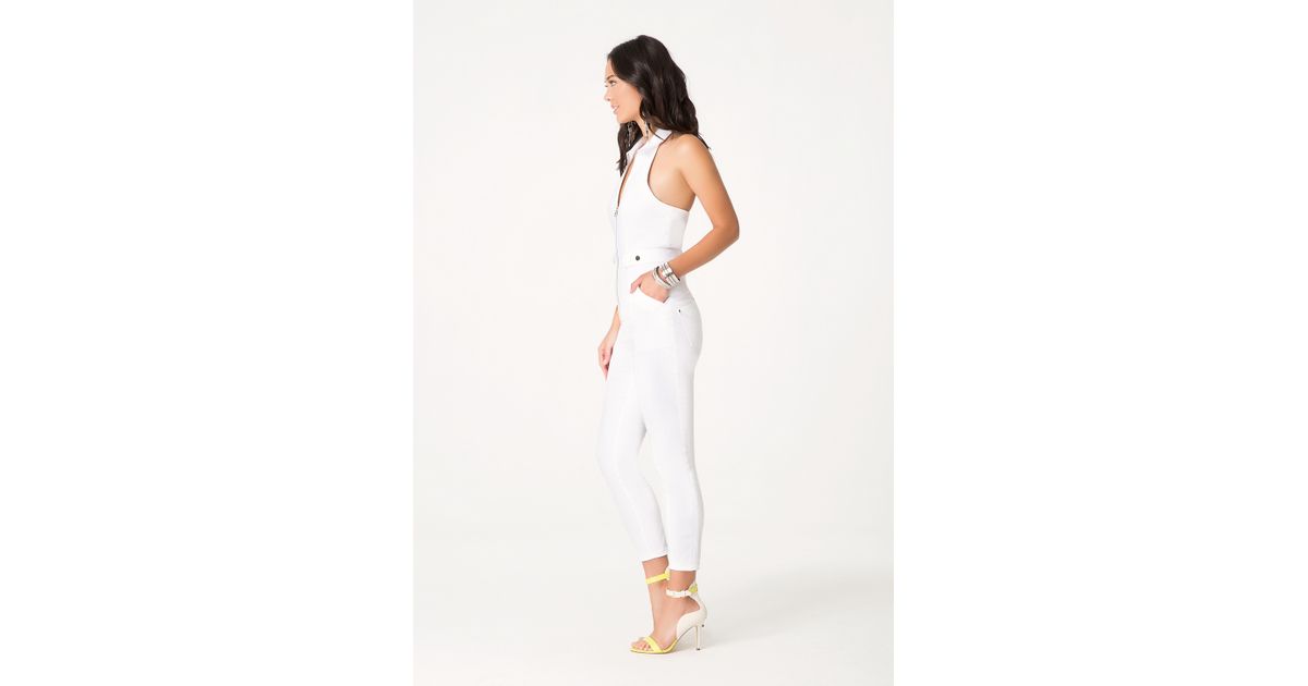 Bebe Denim Halter Jumpsuit in White Lyst