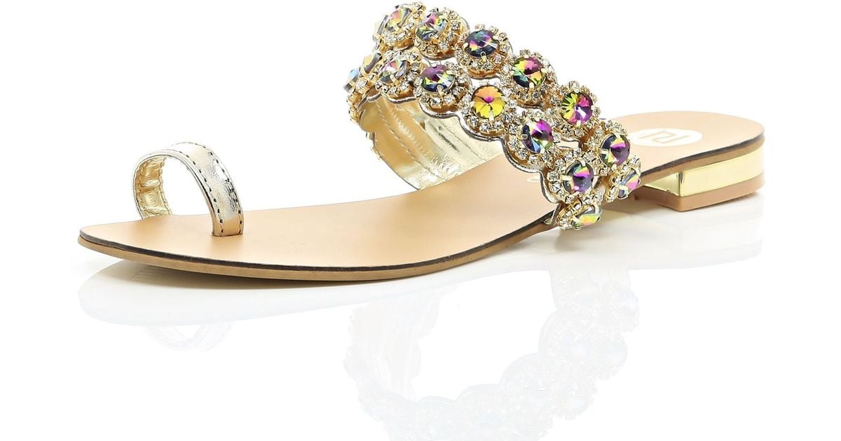 River Island Metallic Gold Gemstone Embellished Toe Loop Sandal