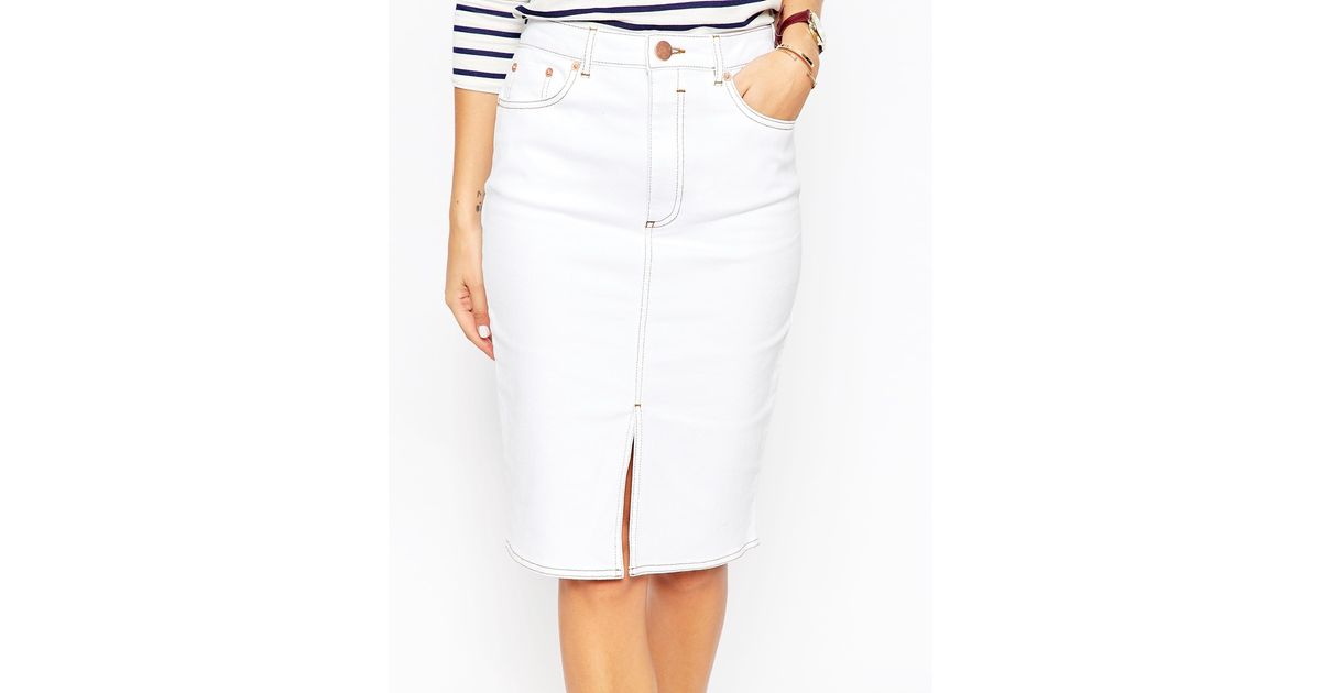 white denim midi pencil skirt