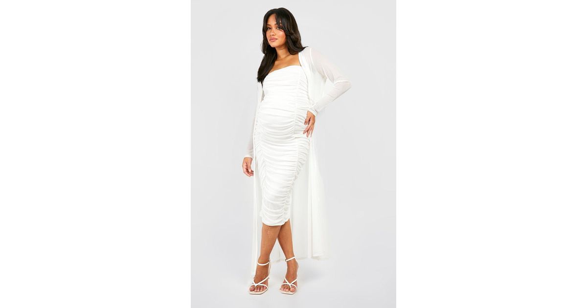 Boohoo Maternity Bandeau Mesh Midaxi Dress And Duster Set in White