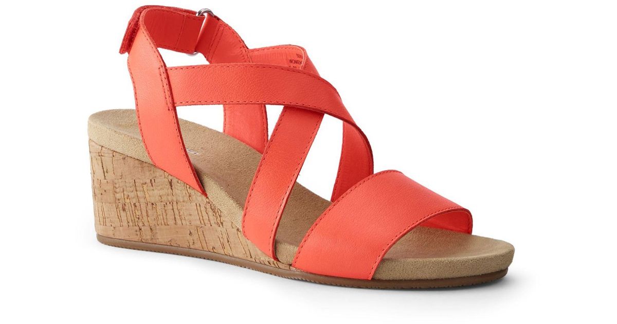 Lands' End Leather Cork Wedge Sandals in Orange - Lyst