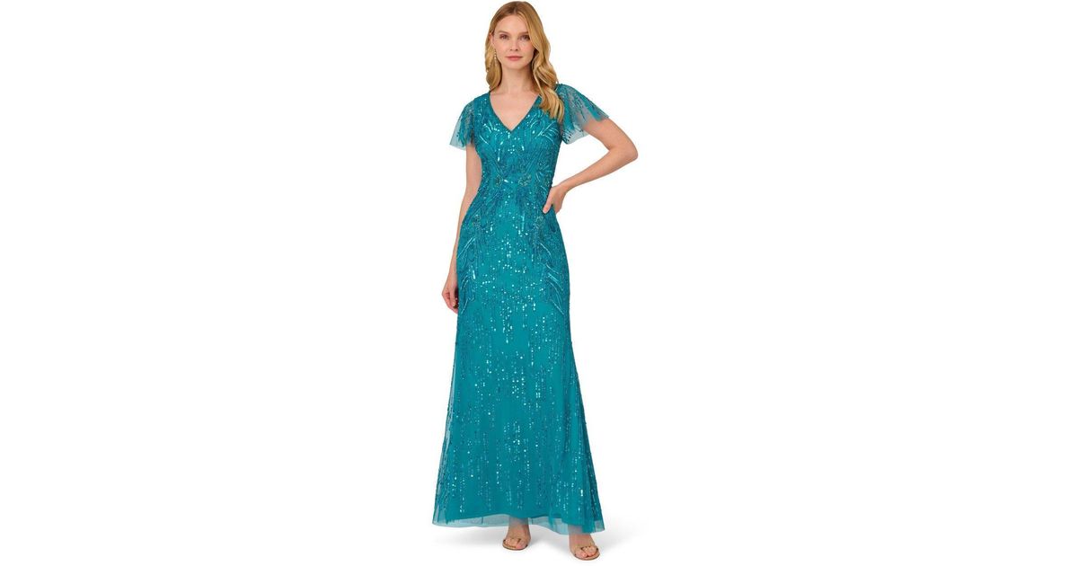 Adrianna Papell Flutter Sleeve Beaded Gown in Blue Lyst UK