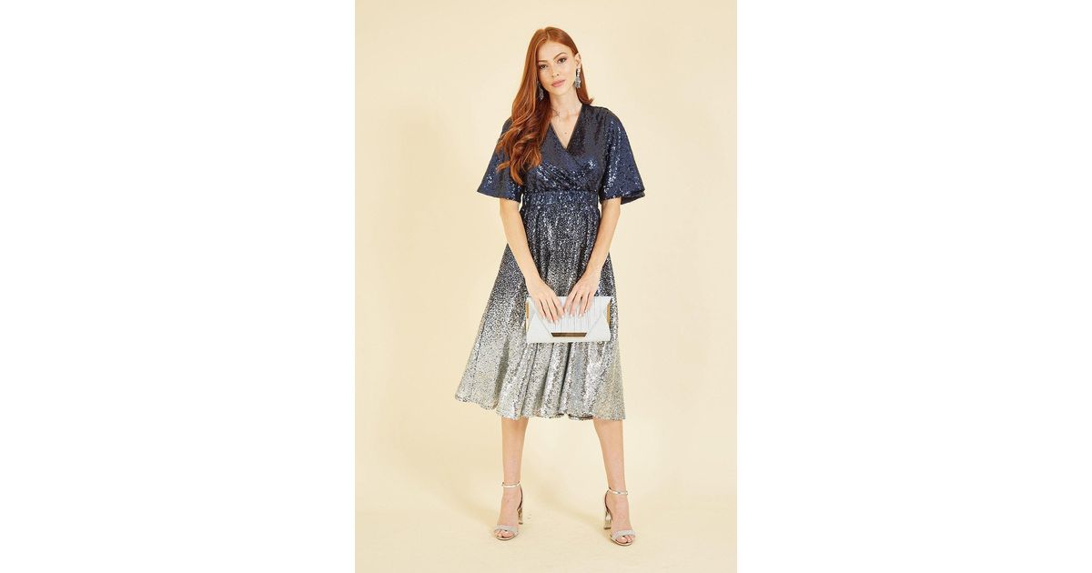 Yumi Navy Wrap Midi Dress With Flutter Sleeve