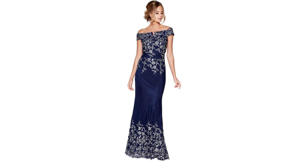 quiz navy sequin bardot fishtail maxi dress