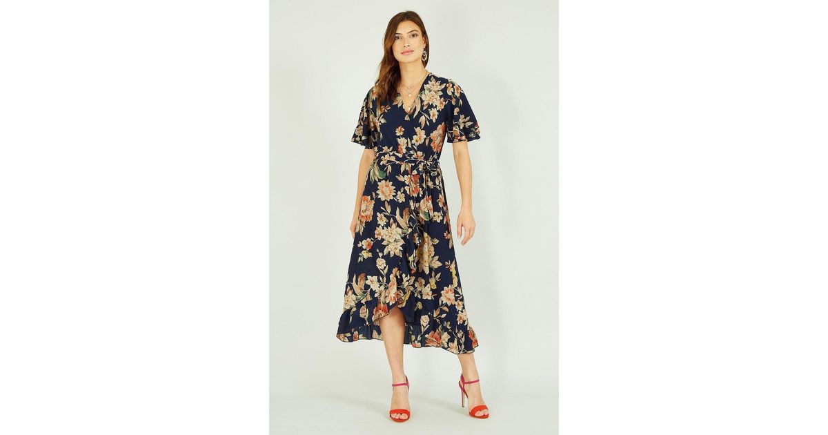 Mela Winter Floral Wrap Midi Dress In Navy in Blue Lyst UK