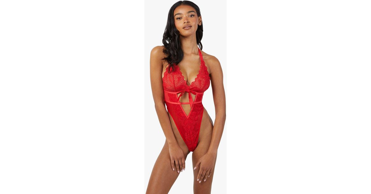 Wolf & Whistle Dee Eyelash Lace And Mesh Body in Red