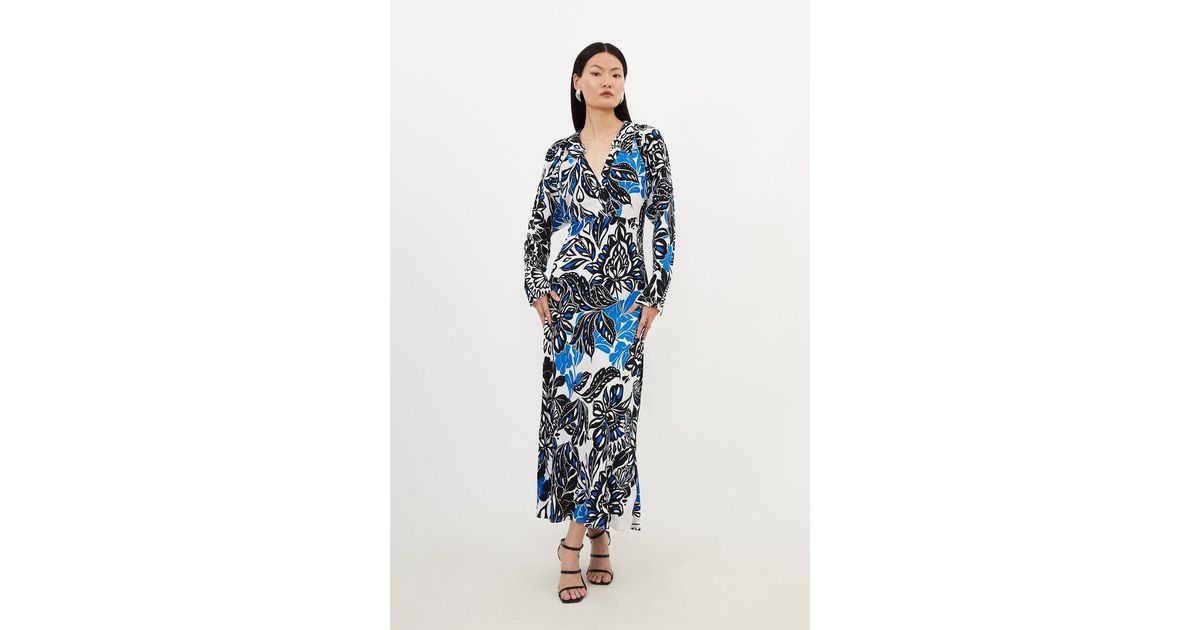 Karen Millen Floral Printed Morocain Woven Collared Midaxi Dress in Blue