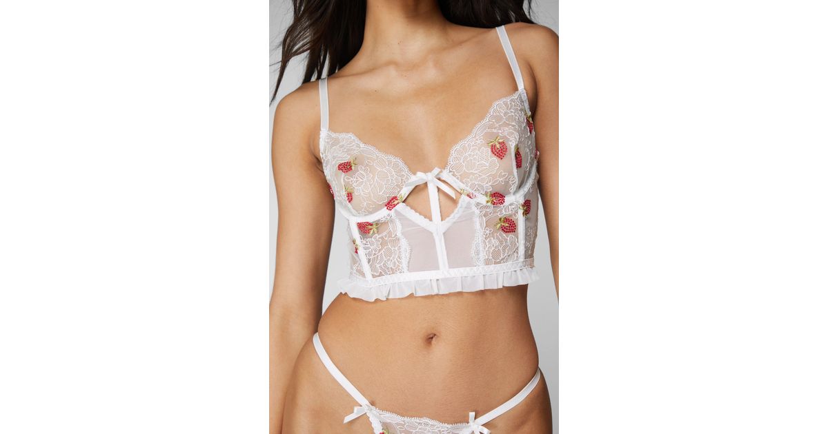 Nasty Gal Strawberry Embroidered Scallop Bow V Corset Lingerie Set