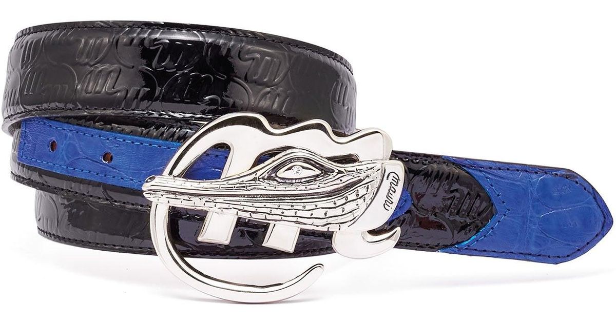 Mauri AB6 Men's Black & Royal Blue Exotic Crocodile / Patent Embossed Leather Belt (MAB1016)
