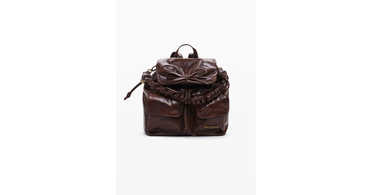 Desigual Brown Backpack with Brown Floral Appliqué desigual-BROWN-Shiny-Mini-  main image 2