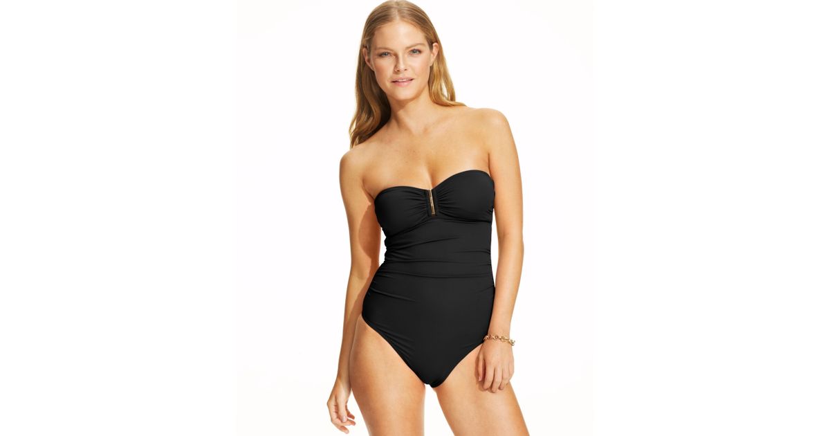 Calvin Klein Split Cup Tummy-Control Bandeau One-Piece Swimsuit - Macy's