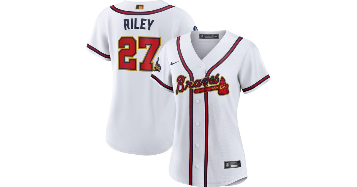 Nike Atlanta Braves Austin Riley 27 2022 Gold Collection White Cool