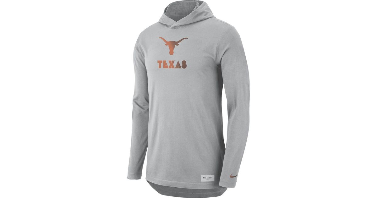 Nike Texas Longhorns Grey Drifit Long Sleeve Hoodie Tshirt in Gray