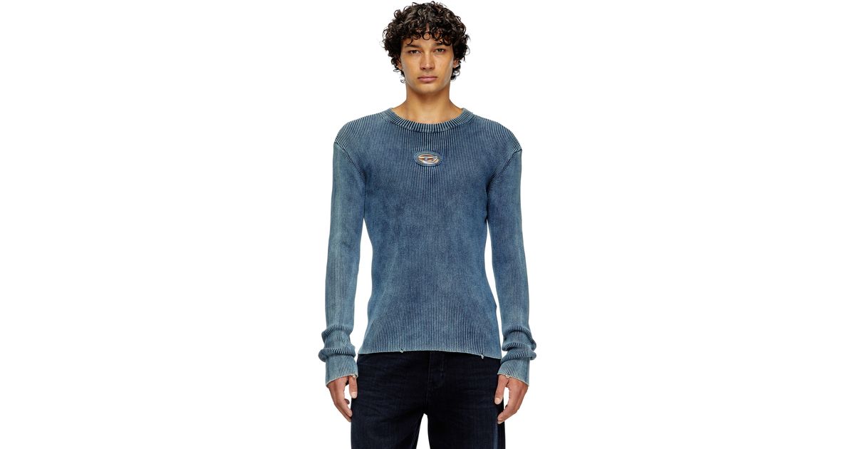 DIESEL Distressed Jumper With Cut-Out Logo in Blue for Men | Lyst UK