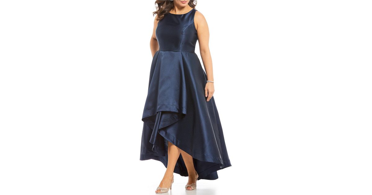 high low mikado gown with asymmetrical detail in midnight