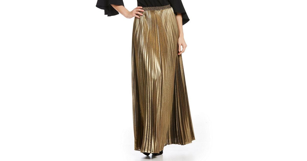 Metallic Gold Pleated Long Skirt 2025 | solajoiers.com