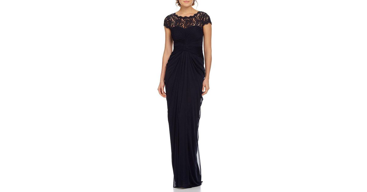 Lyst Adrianna Papell Draped Illusion Lace Neckline Gown In Black