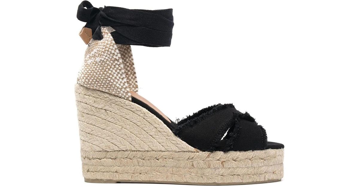 CastaÃ±er Cotton Bluma Ankle Wrap Espadrille Wedge in Black - Save 25% | Lyst