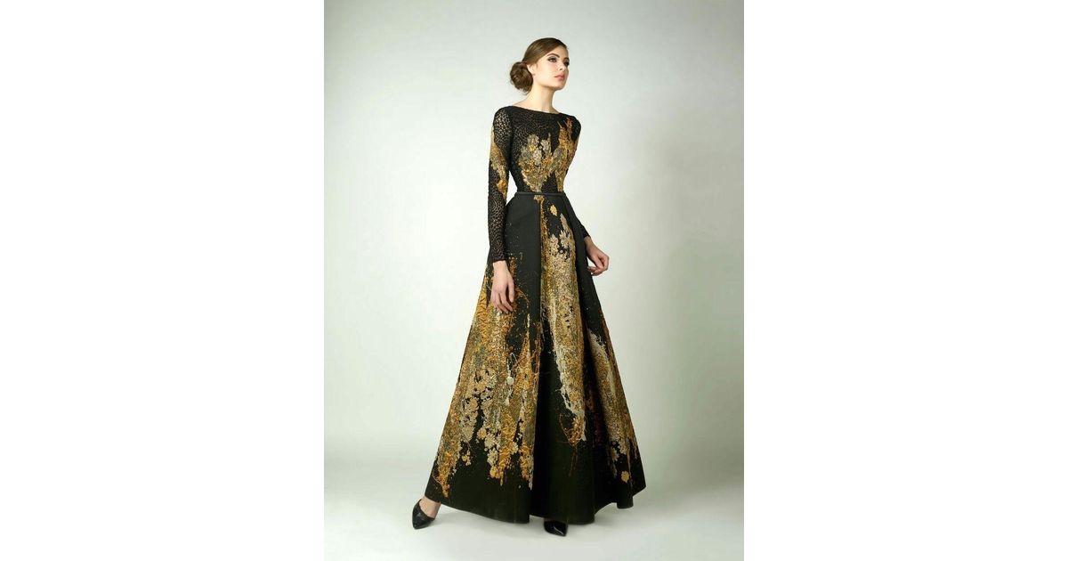 Edward Arsouni Divina By Black And Gold Long Sleeve Evening Gown In  Metallic | Lyst