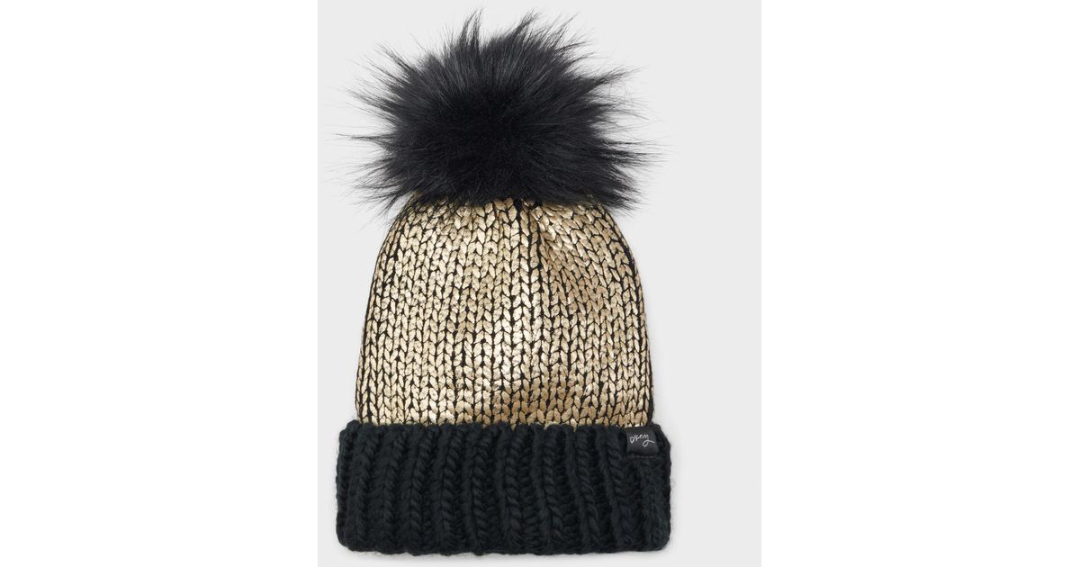 DKNY Metallic Beanie With Faux Fur Pom 