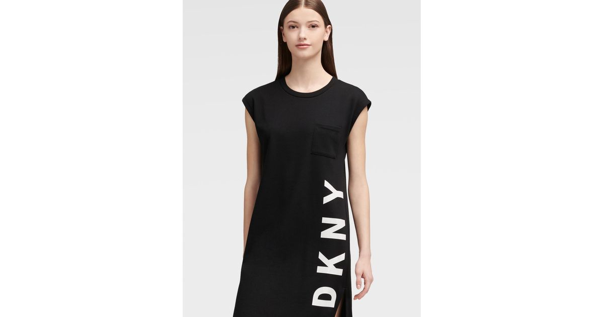 DKNY Cotton Logo Tee Dress With Highlow Hem in Black Save 16 Lyst